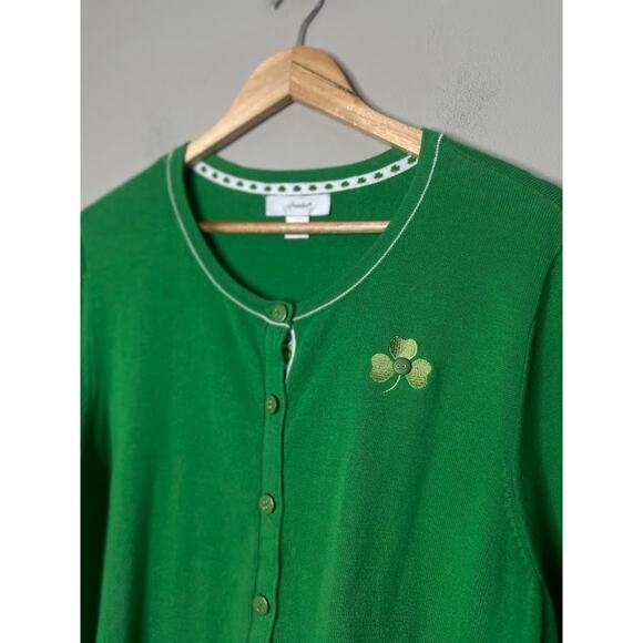 Vintage CJ BANKS Size 1X St Patricks Day Green Cardigan Sweater Clover Irish - Picture 4 of 9